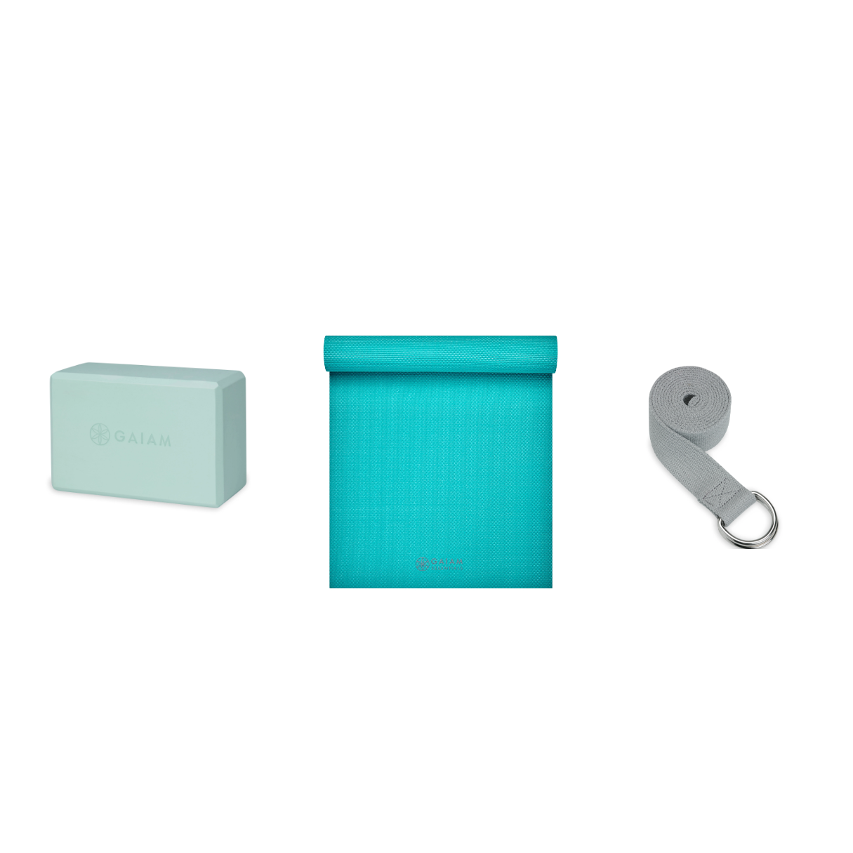 Yoga Bundle - Block (Cool Mint), Mat (Teal), Strap (Grey)